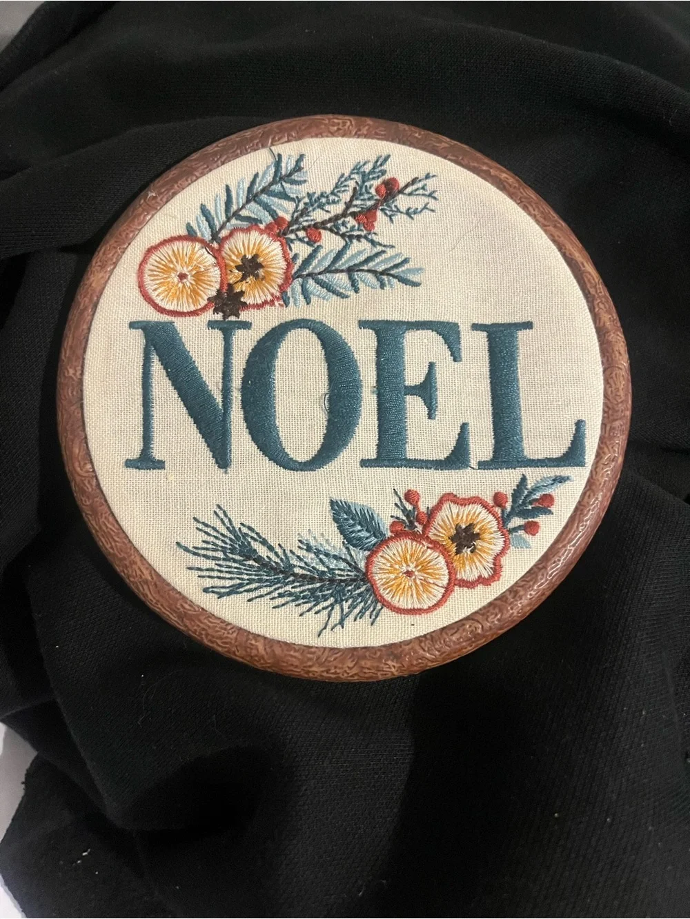 NOEL homemade Embroidered Holiday Wall Hoop - Teal and Orange